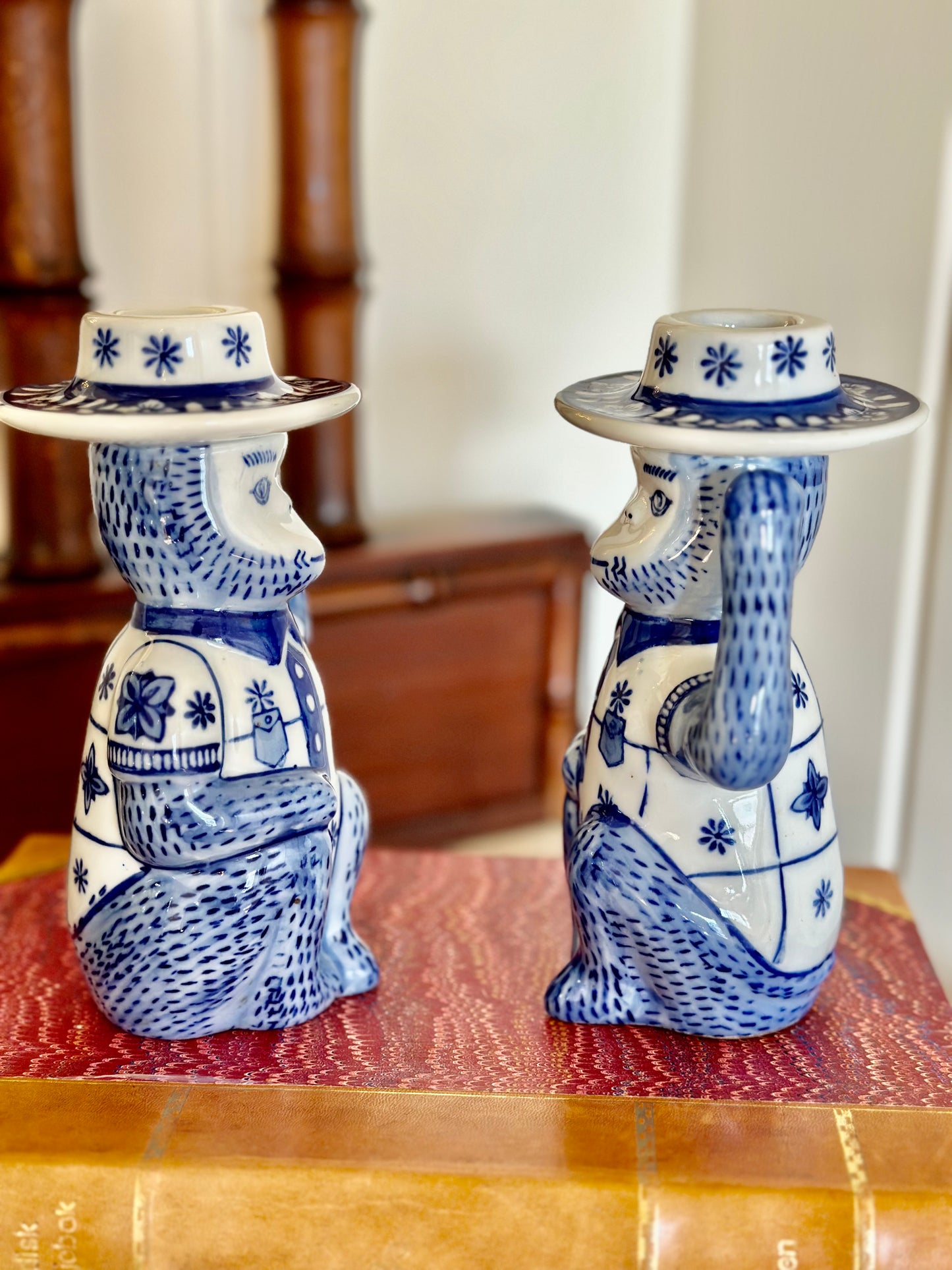 Vintage Blue and White Monkey Candlesticks (Set of 2)