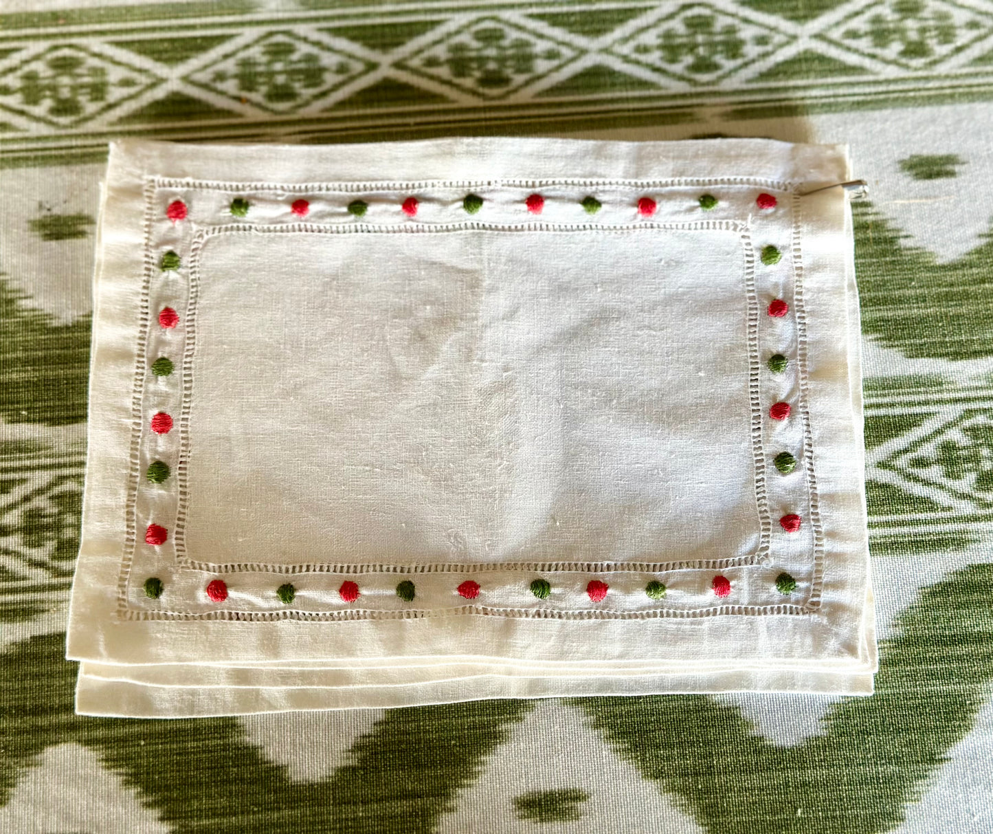 Vintage Linen Cocktail Napkins with Pink & Green Dots (Set of 4)