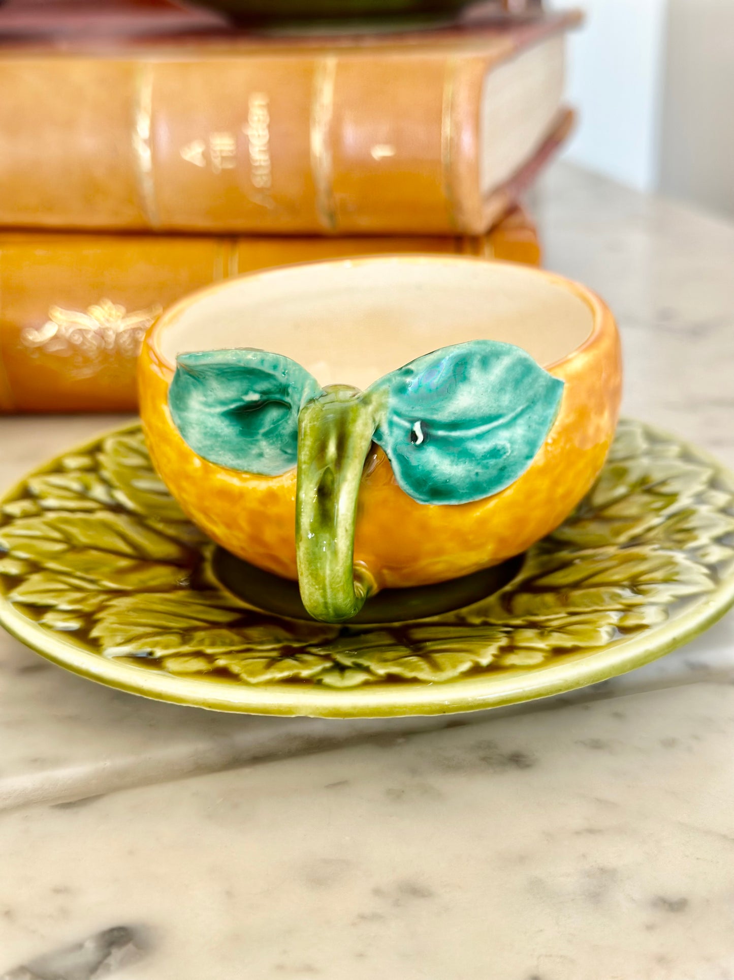 French Majolica Sarreguemines Orange Teacups and Saucers (Set of 4)