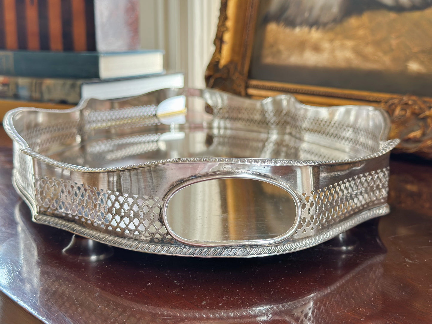 Medium Oval Silverplate Gallery Tray with Scalloped Edge