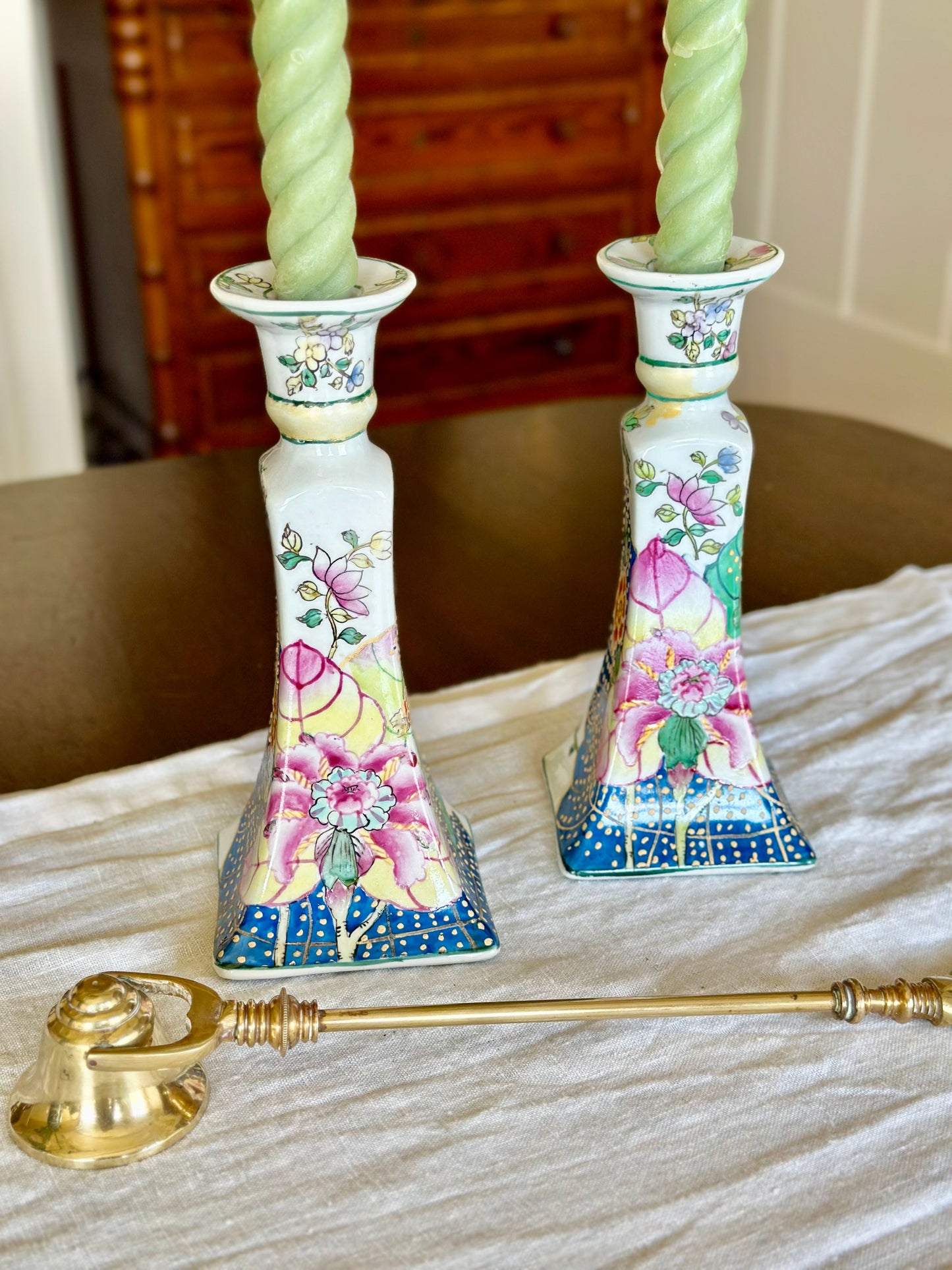 Vintage Tobacco Leaf Porcelain Candlesticks (Set of 2)