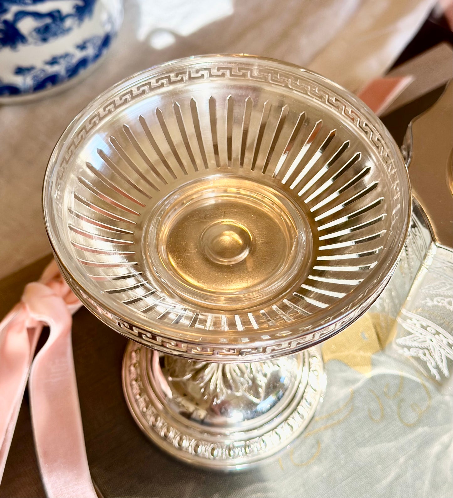 Silverplate Pedestal Compote with Reticulated Greek Key Rim
