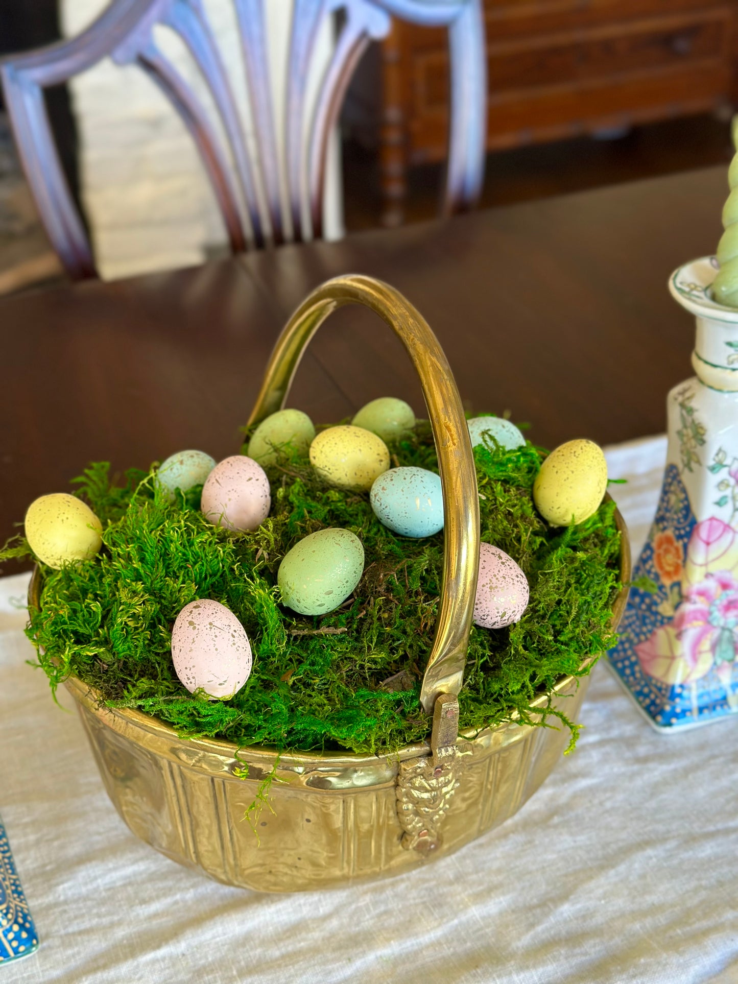 Vintage Brass Basket with Handle & Lion Heads