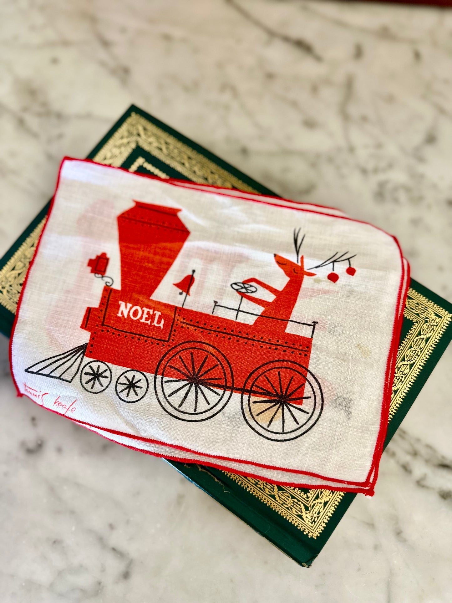 Vintage Tammis Keefe Linen Santa & Reindeer Cocktail Napkins