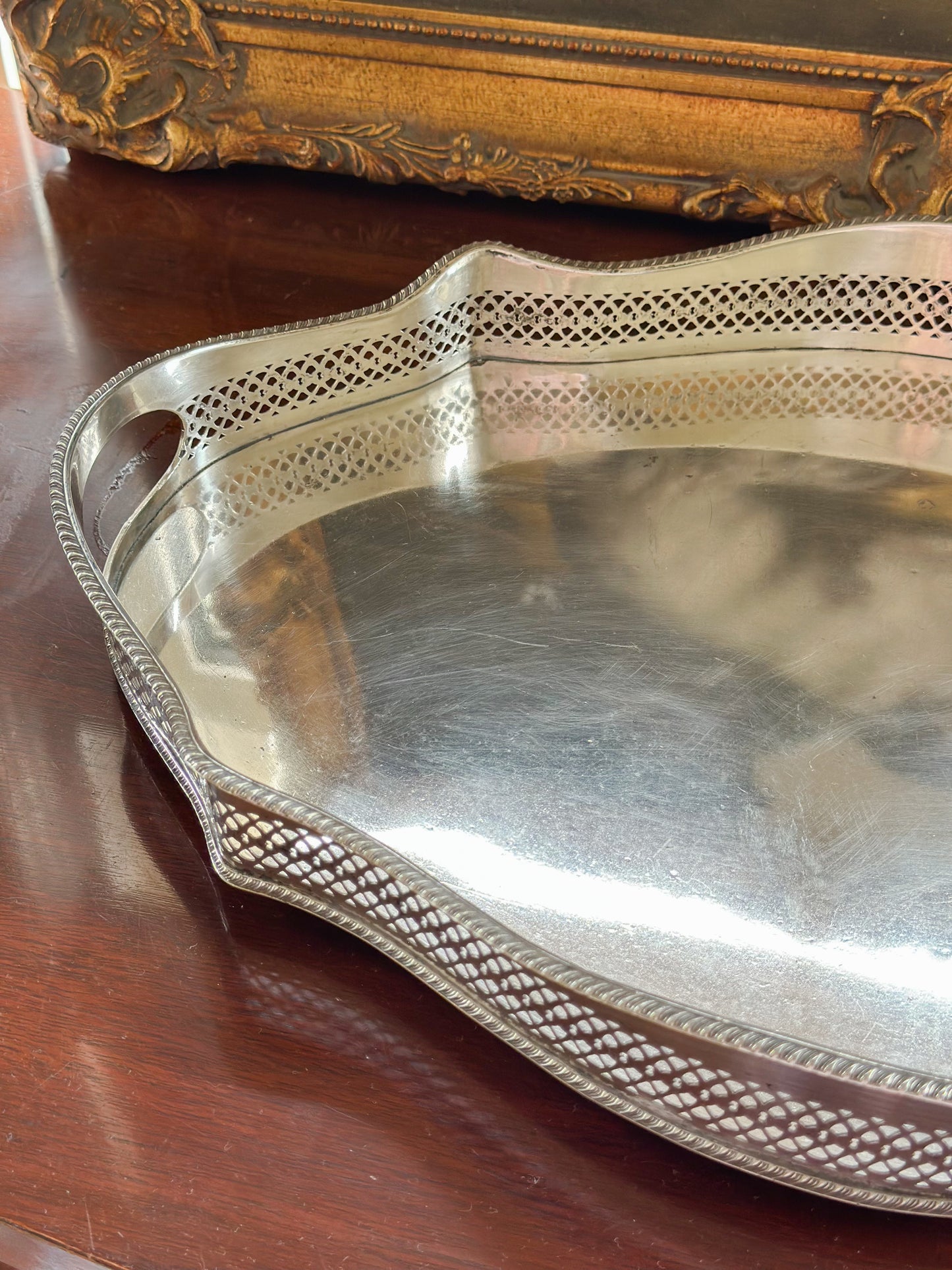 Medium Oval Silverplate Gallery Tray with Scalloped Edge