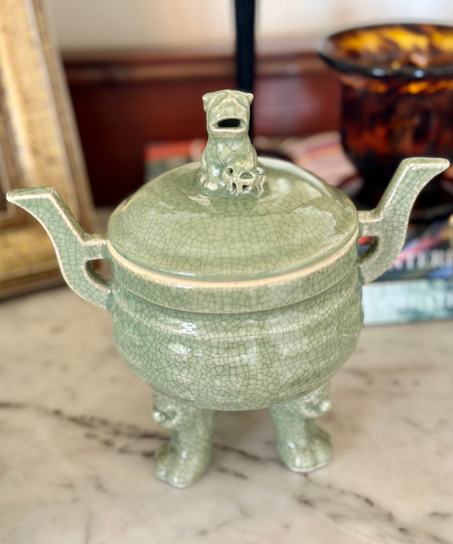 Vintage Celadon Foo Dog Crackle Glaze Dish