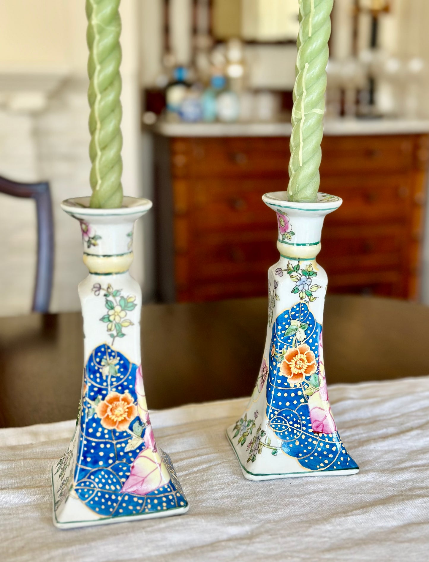 Vintage Tobacco Leaf Porcelain Candlesticks (Set of 2)