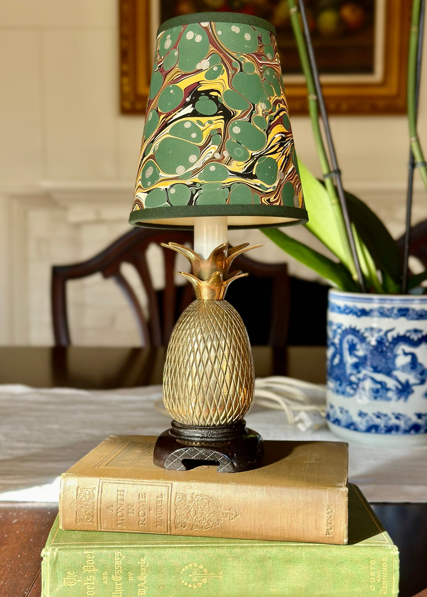 Small Brass Pineapple Lamp with Marbled Paper Shade