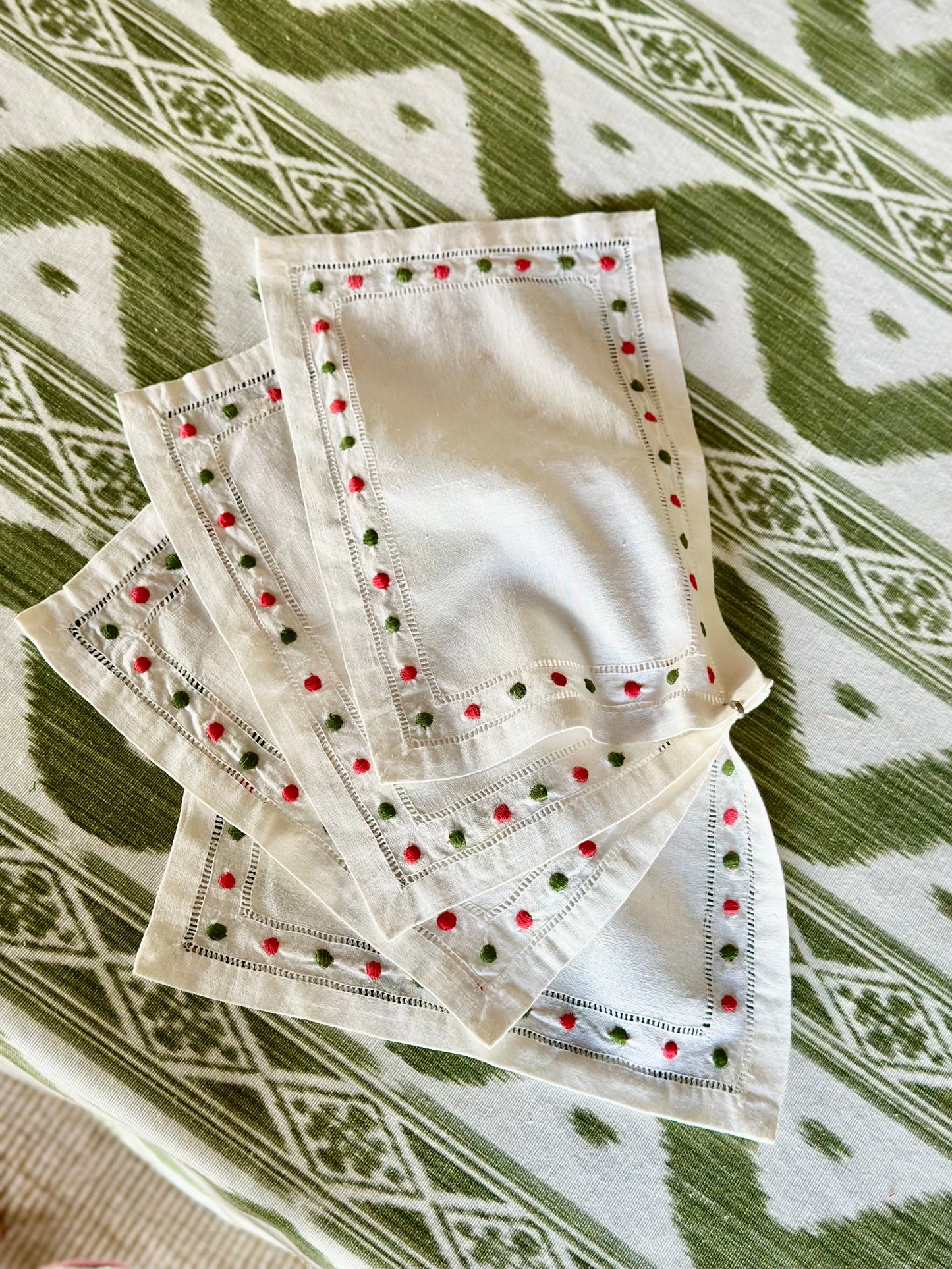 Vintage Linen Cocktail Napkins with Pink & Green Dots (Set of 4)