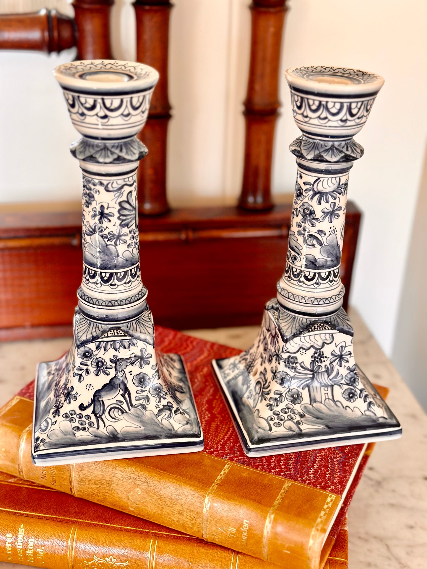 Portugese Hand-Painted Blue and White Candlesticks