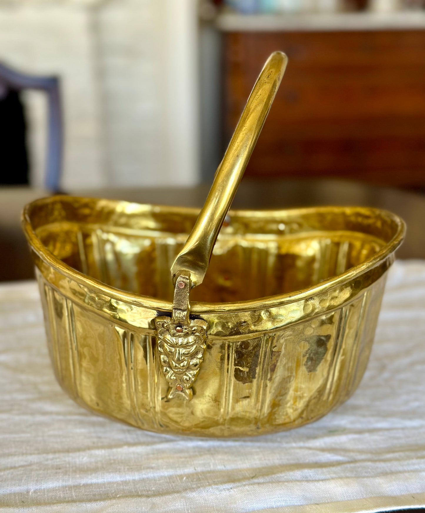 Vintage Brass Basket with Handle & Lion Heads