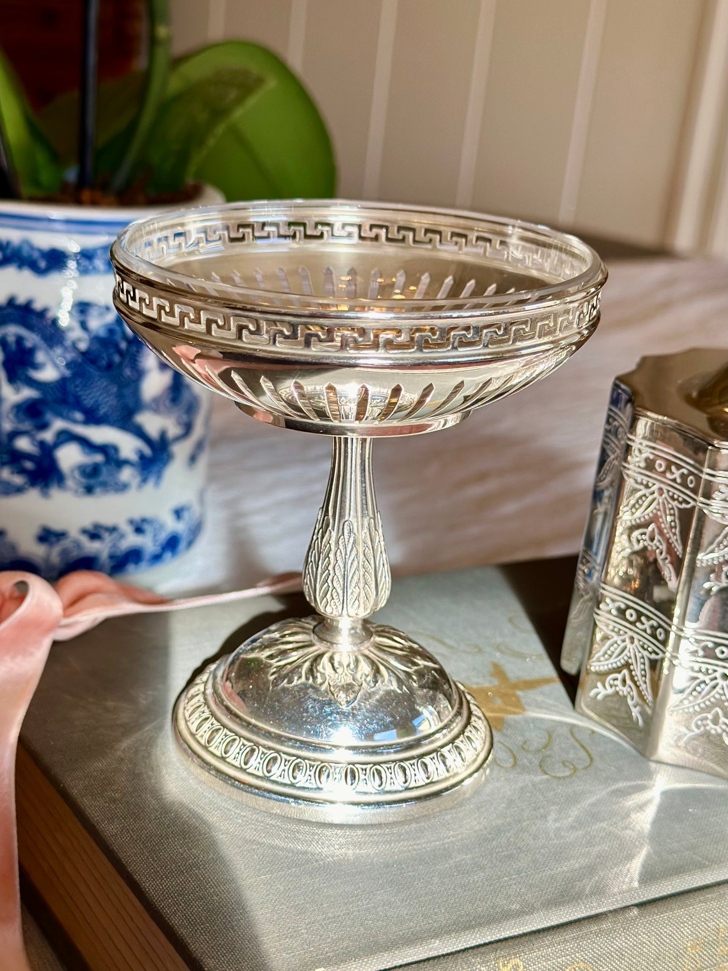 Silverplate Pedestal Compote with Reticulated Greek Key Rim