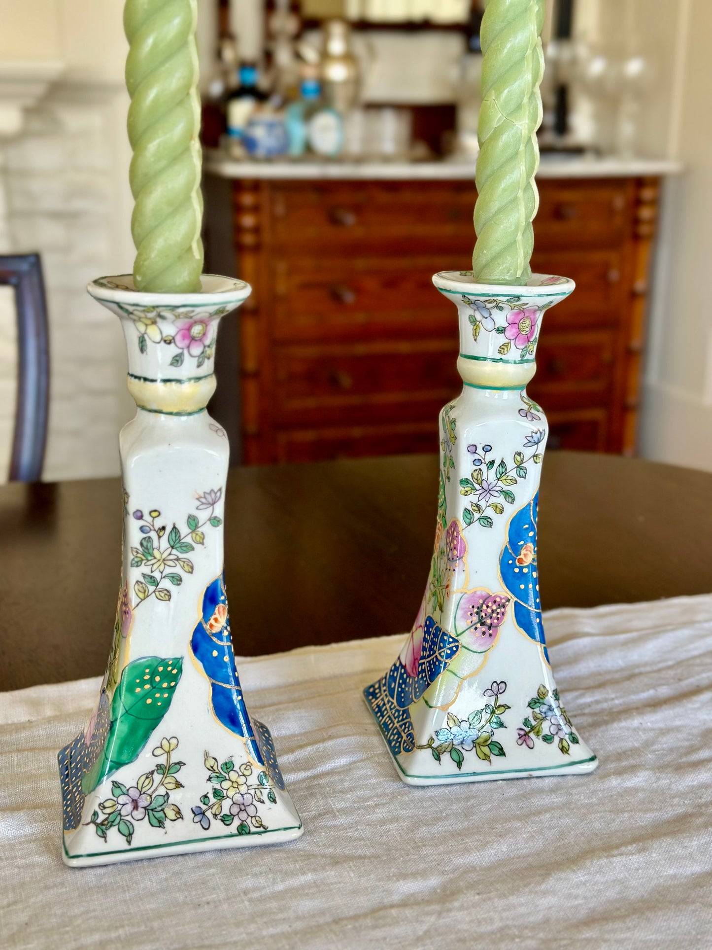 Vintage Tobacco Leaf Porcelain Candlesticks (Set of 2)