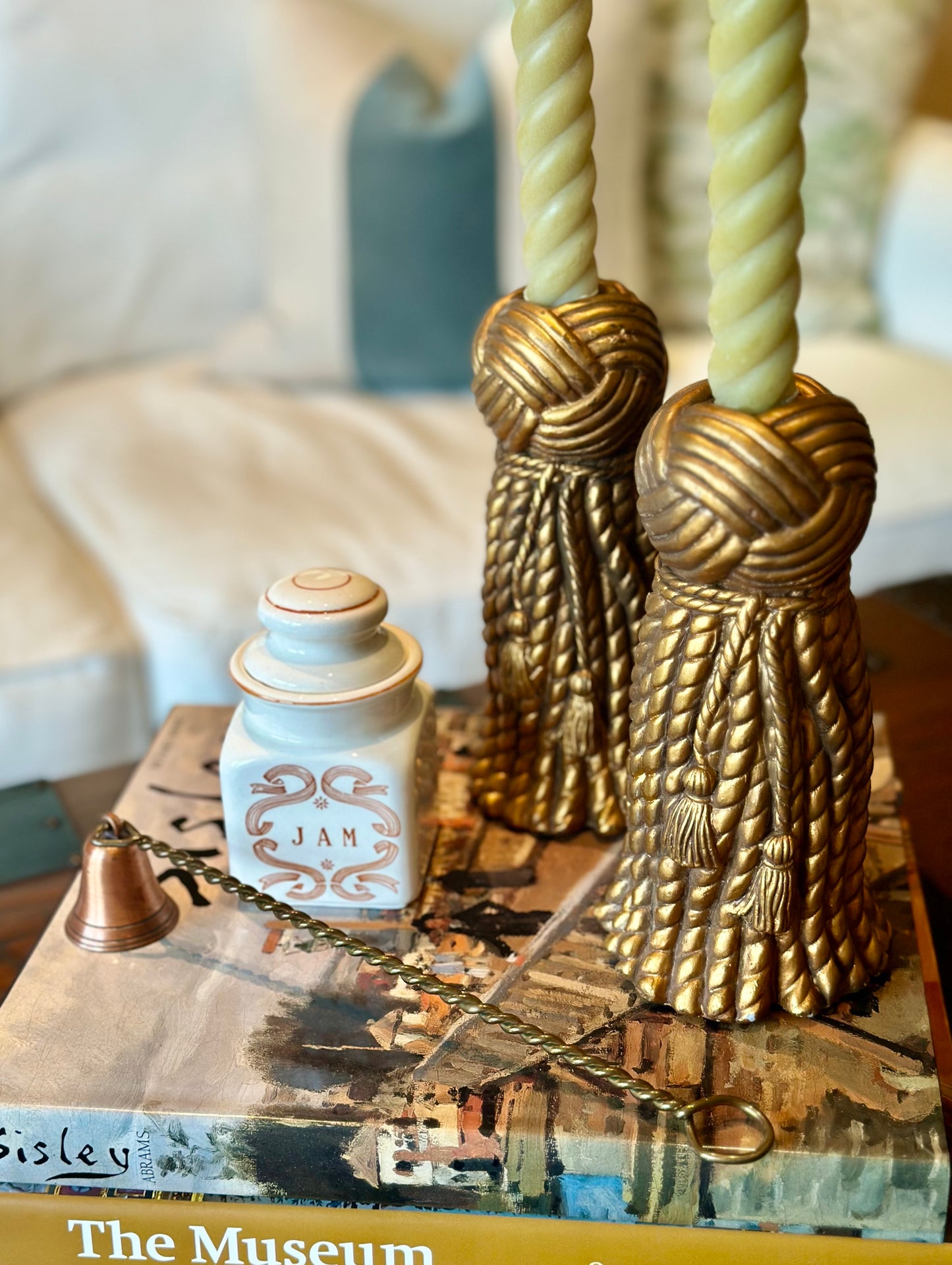 Vintage Dorothy Draper Style Gold Tassel Candlesticks (Set of 2)