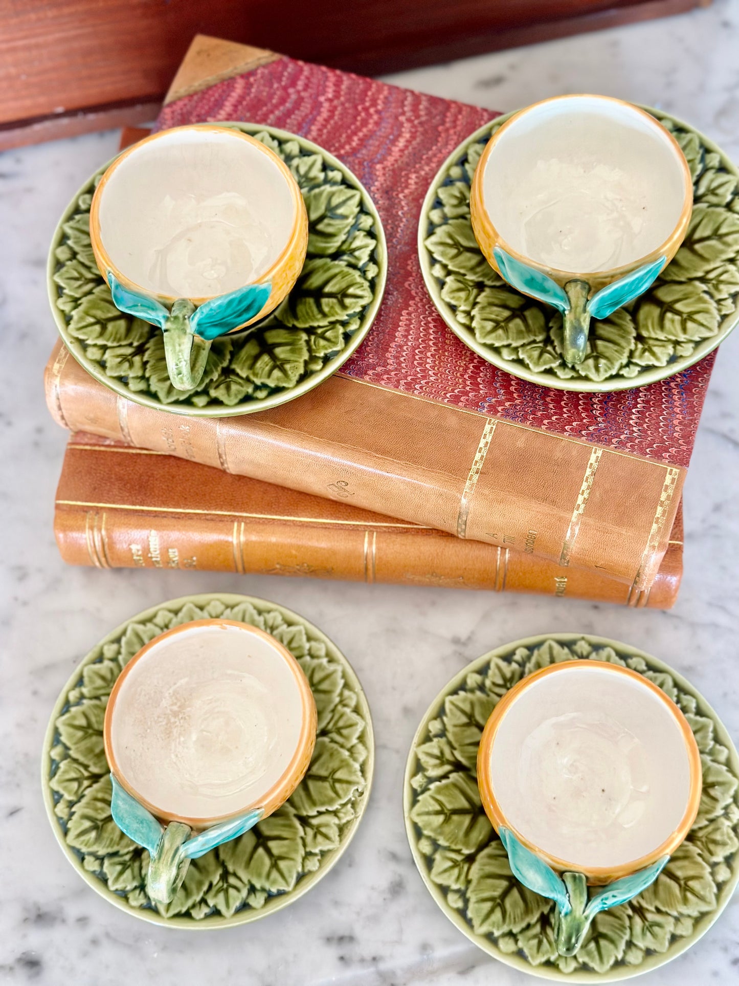 French Majolica Sarreguemines Orange Teacups and Saucers (Set of 4)