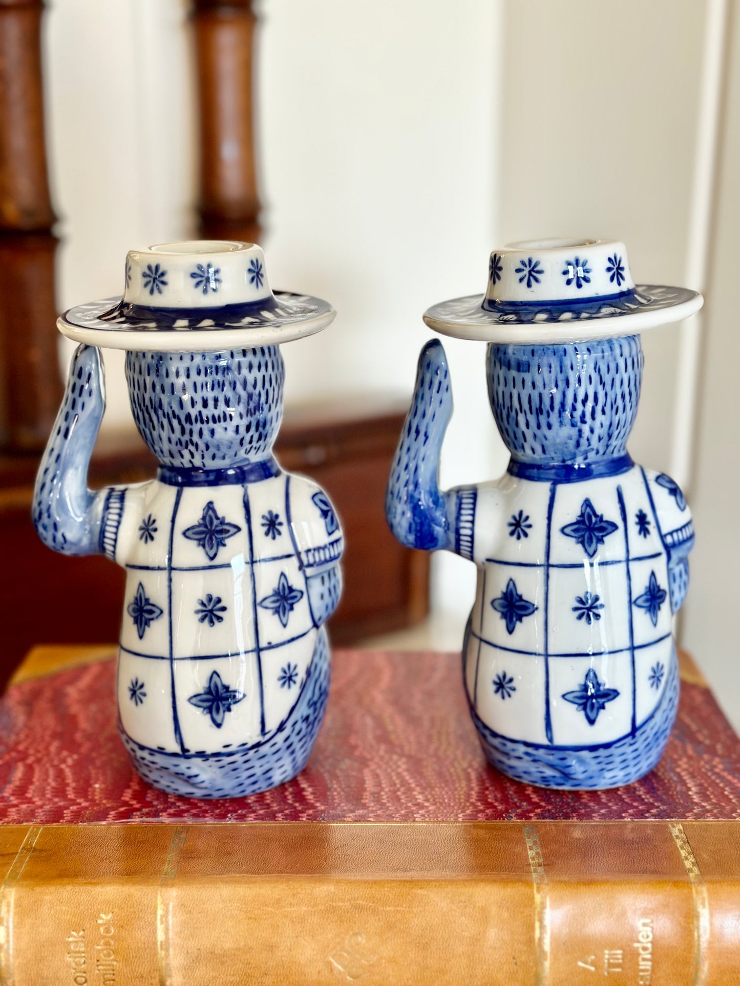 Vintage Blue and White Monkey Candlesticks (Set of 2)