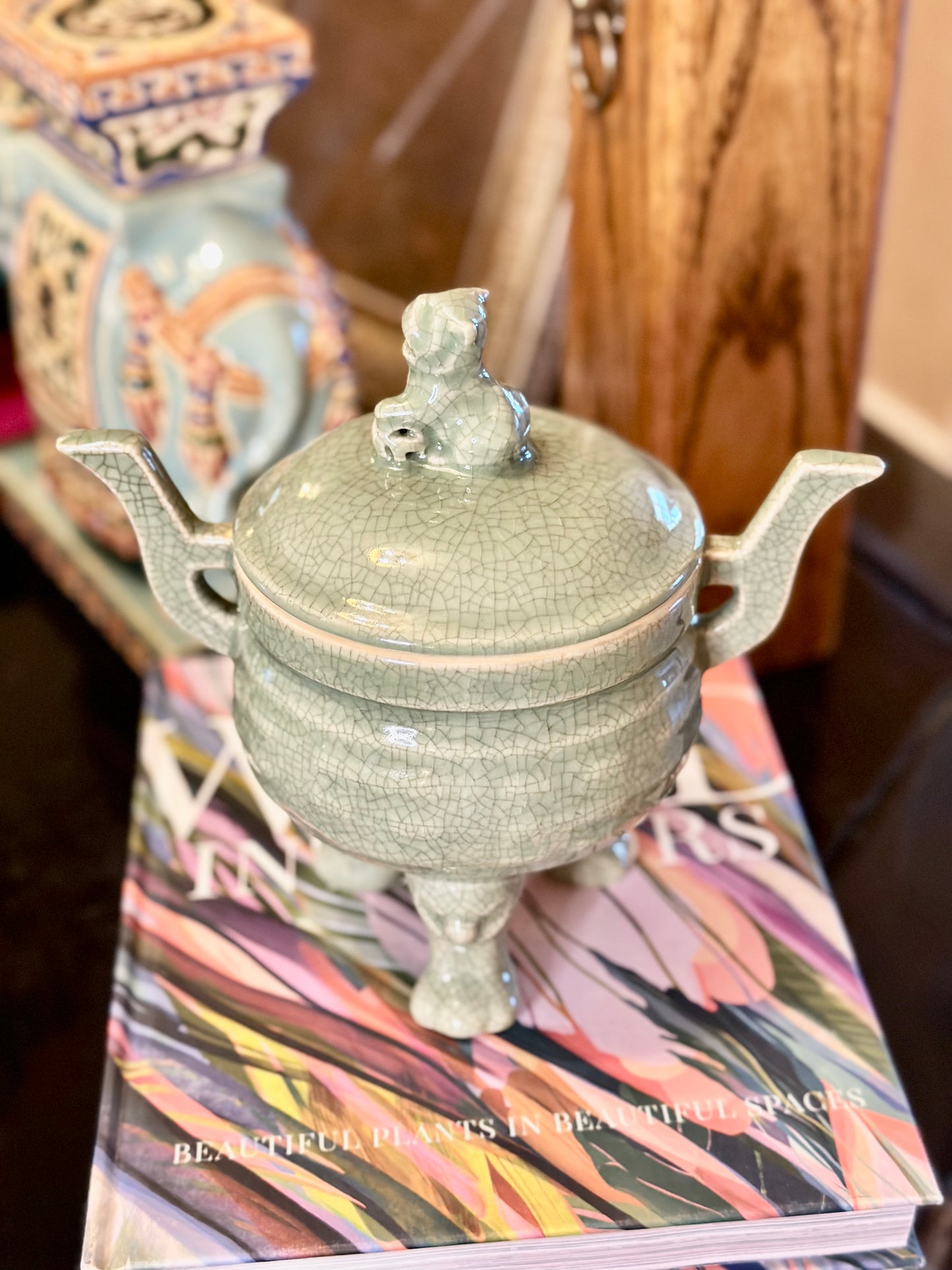 Vintage Celadon Foo Dog Crackle Glaze Dish