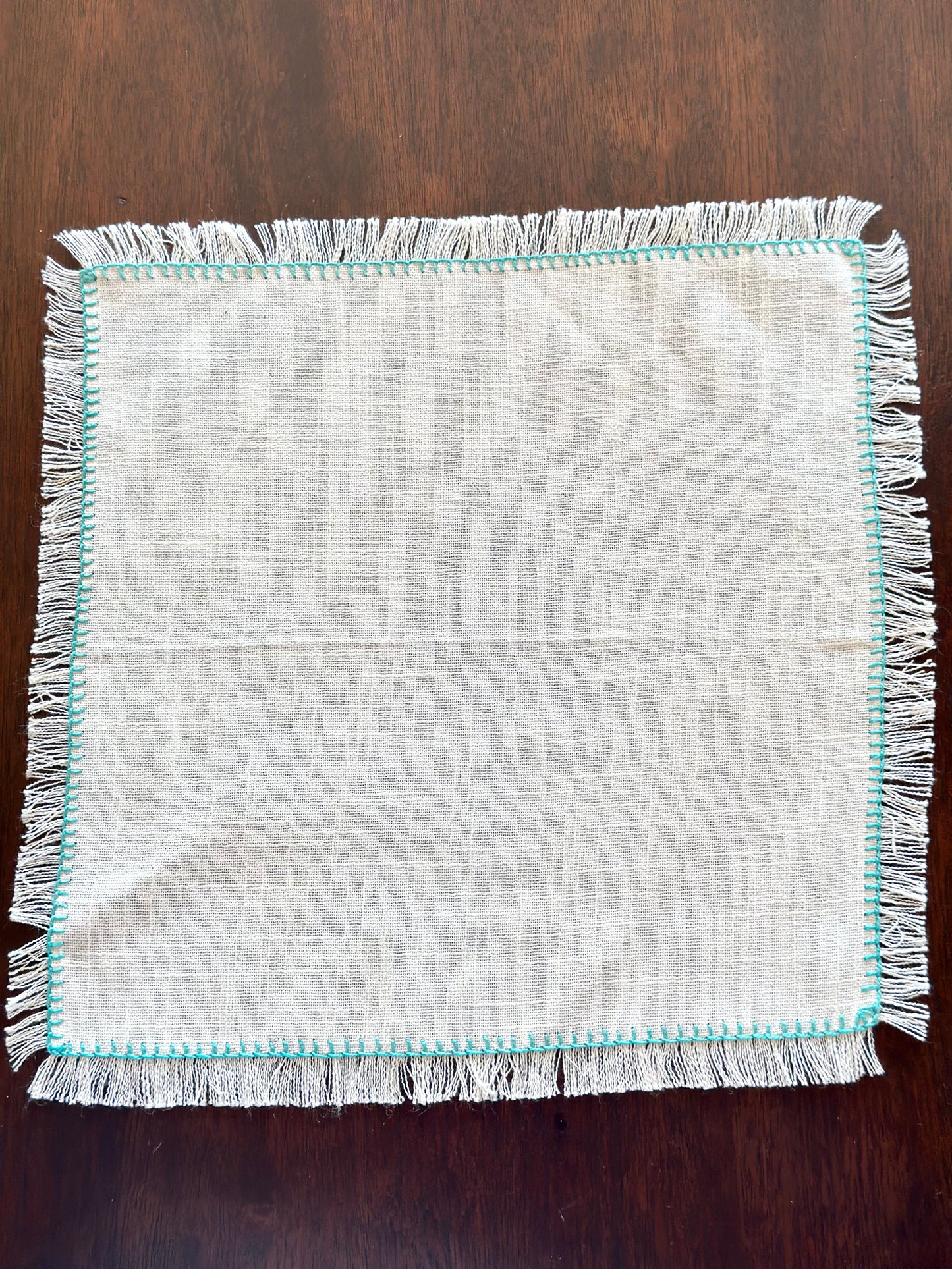 Fringe & Turquoise Cross Stitch Trim Linen Cocktail Napkins (Set of 6)
