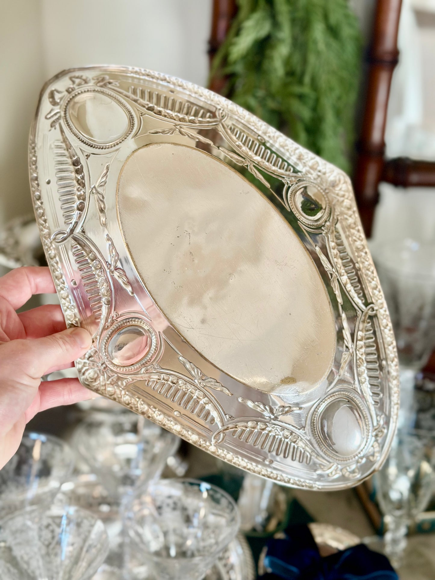 Bows & Roses Embossed Silverplate Dish