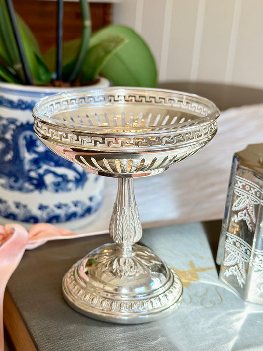 Silverplate Pedestal Compote with Reticulated Greek Key Rim