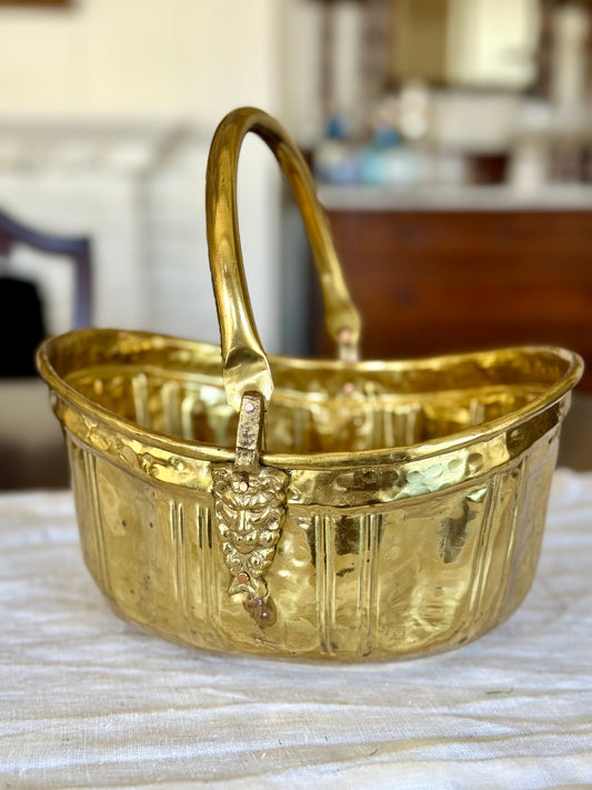 Vintage Brass Basket with Handle & Lion Heads