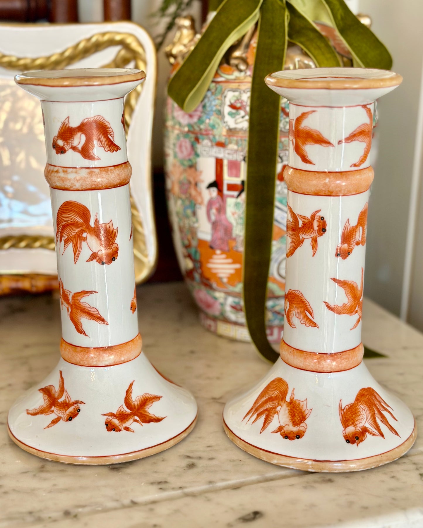 Handpainted Koi Fish Porcelain Candlestick Pair