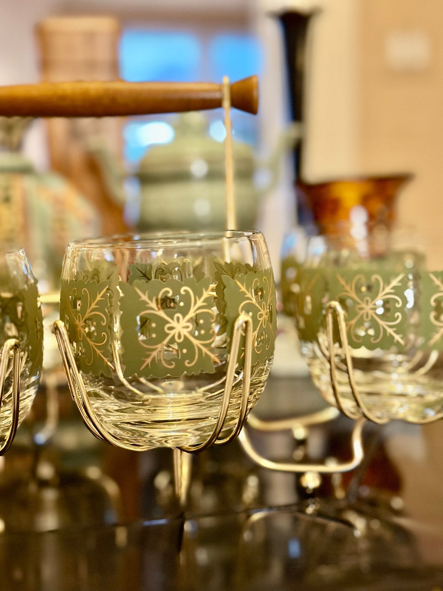 Vintage Midcentury Roly Poly Glasses with Brass Caddy