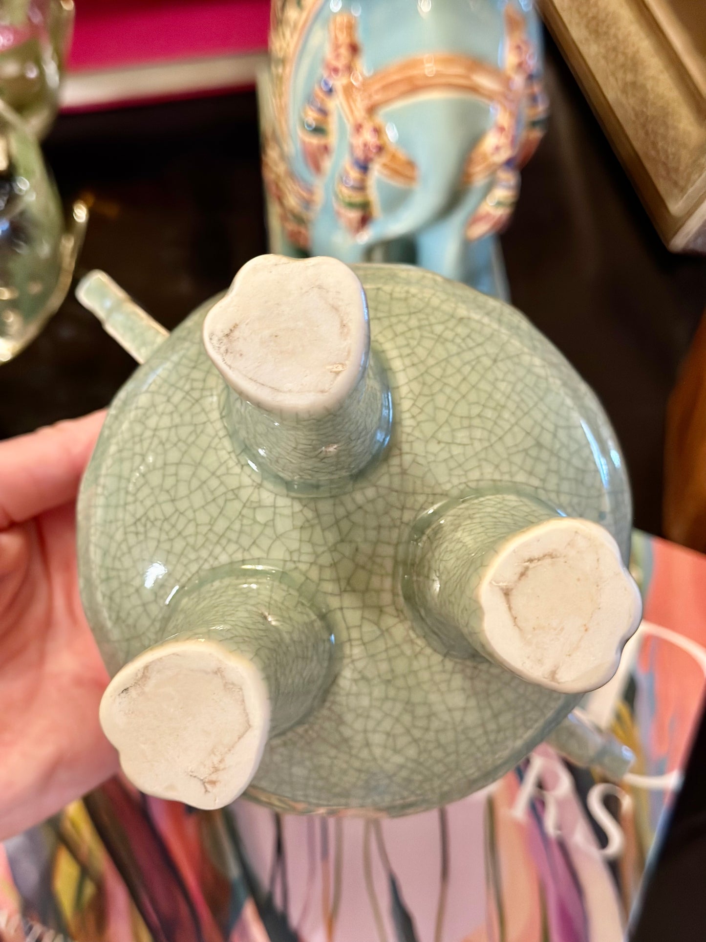Vintage Celadon Foo Dog Crackle Glaze Dish