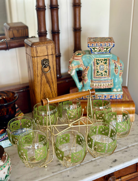 Vintage Midcentury Roly Poly Glasses with Brass Caddy