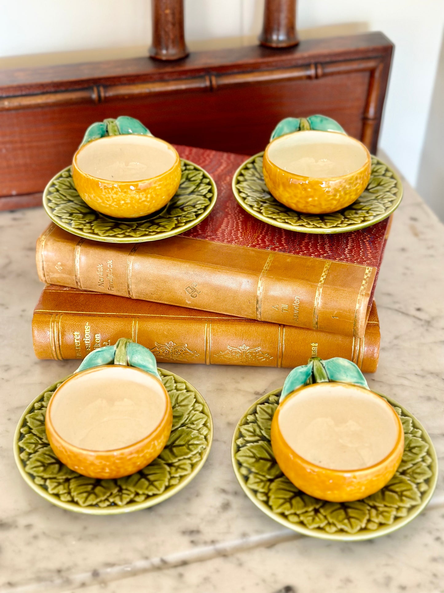 French Majolica Sarreguemines Orange Teacups and Saucers (Set of 4)