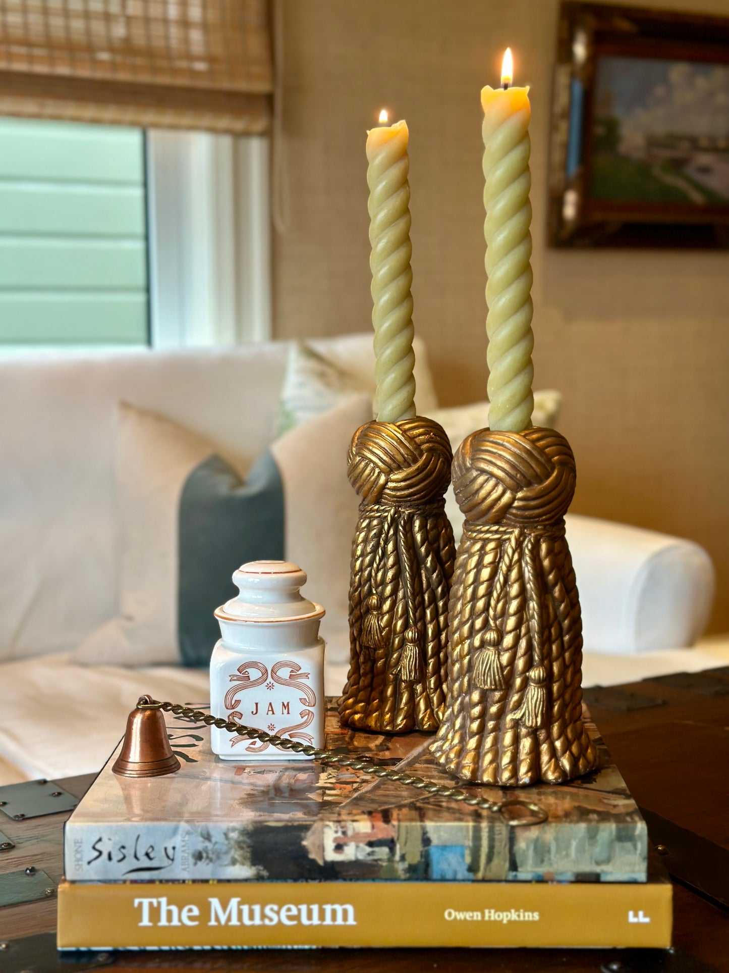 Vintage Dorothy Draper Style Gold Tassel Candlesticks (Set of 2)