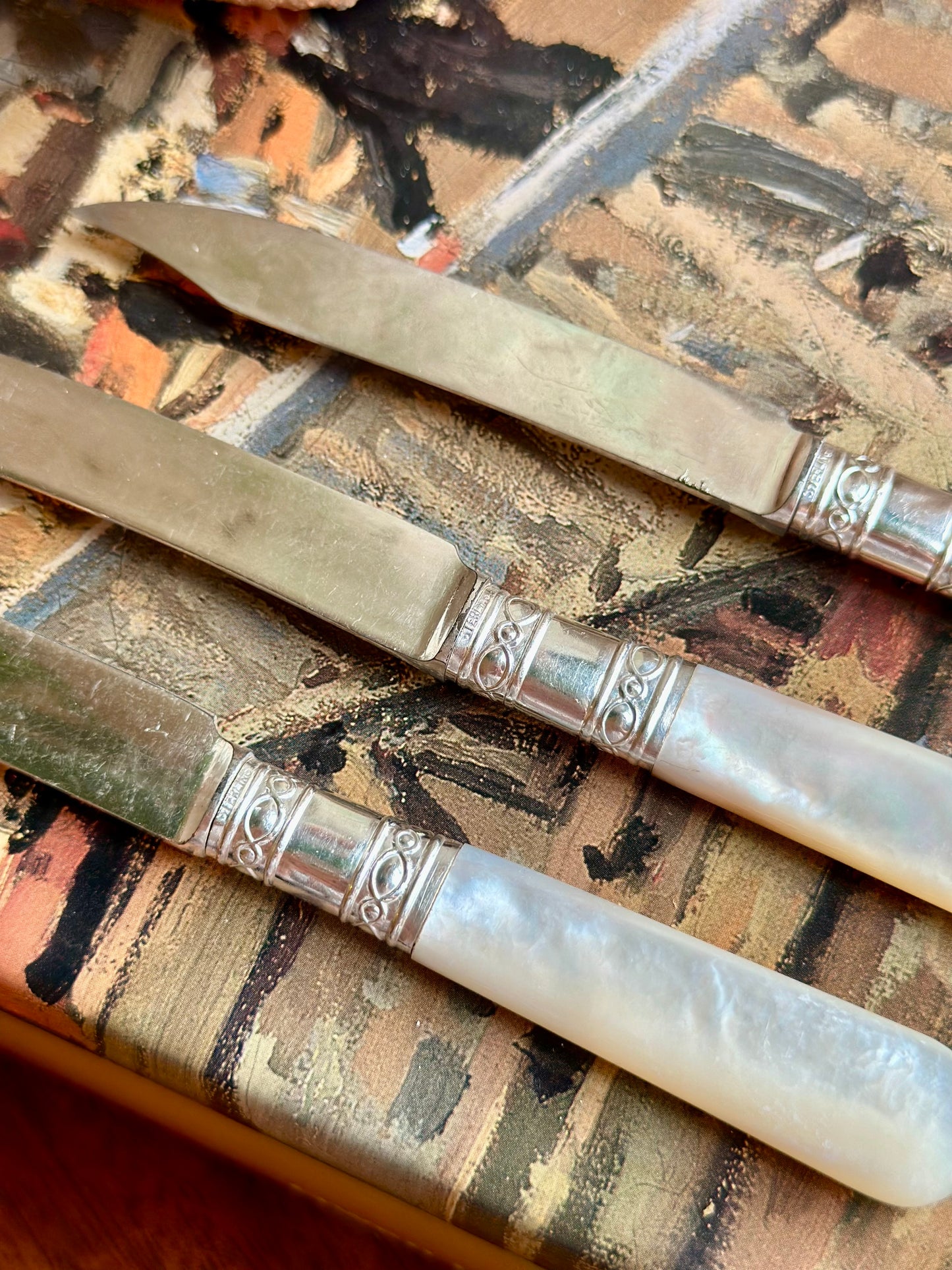 Antique Sterling Silver & Mother of Pearl Handle Fruit Knives (Set of 3)