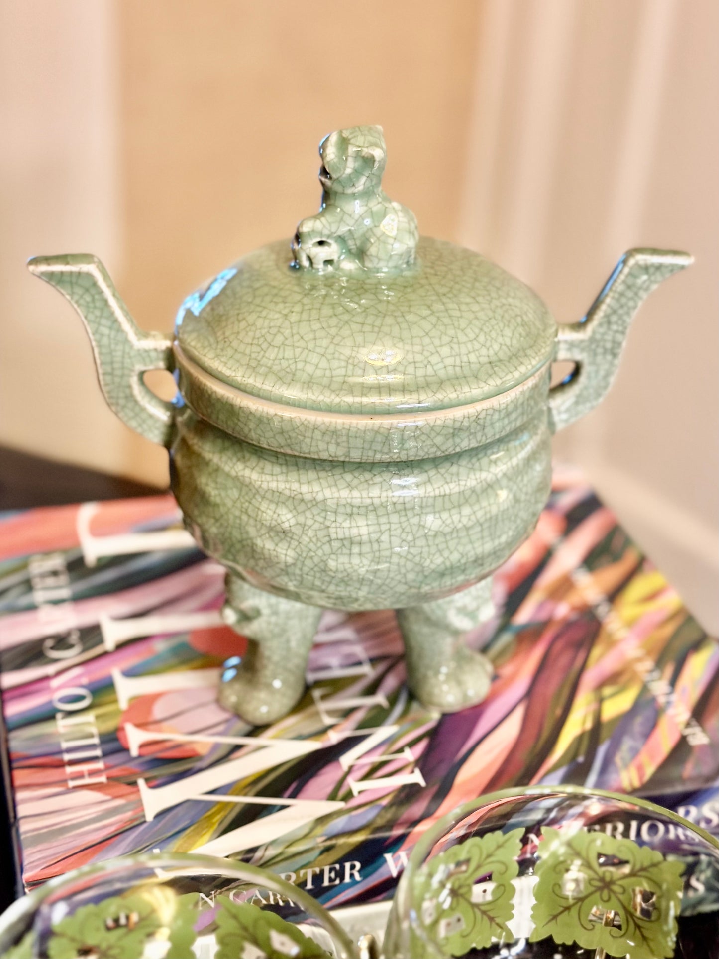 Vintage Celadon Foo Dog Crackle Glaze Dish