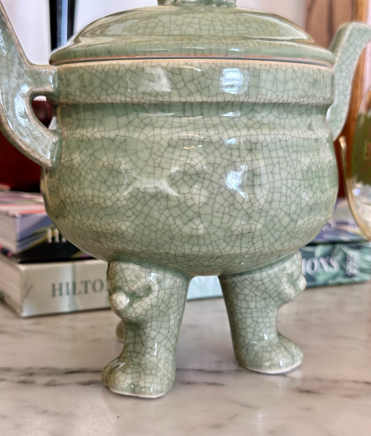 Vintage Celadon Foo Dog Crackle Glaze Dish