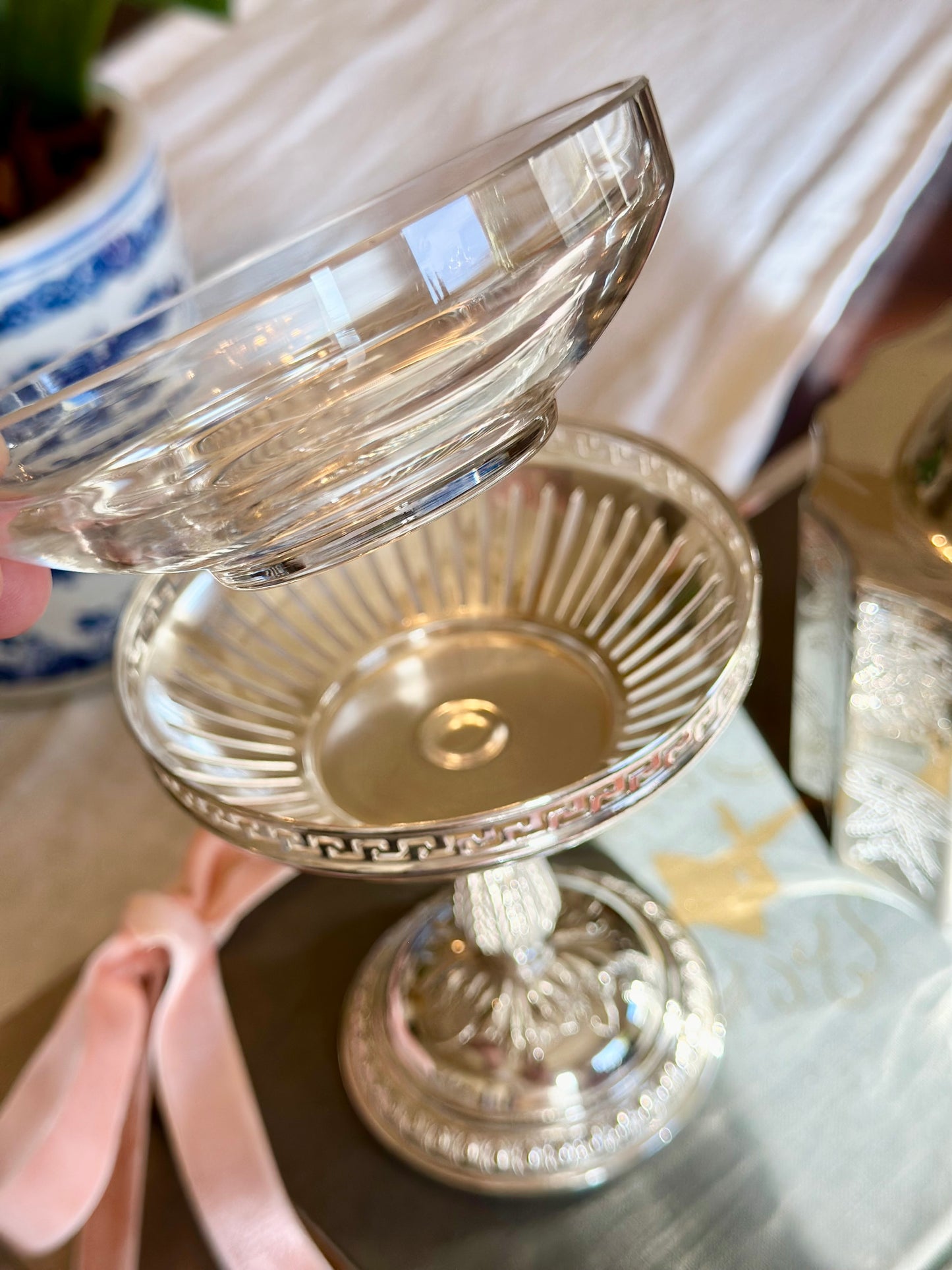 Silverplate Pedestal Compote with Reticulated Greek Key Rim