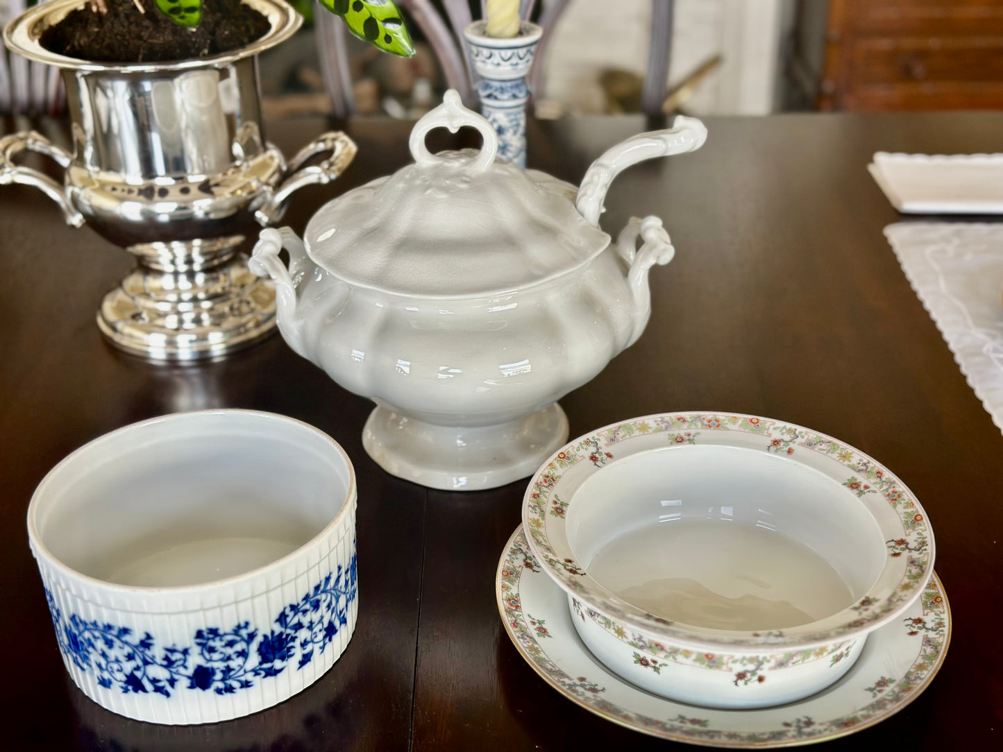 Pillivuyt Blue and White Porcelain Soufflé Dish