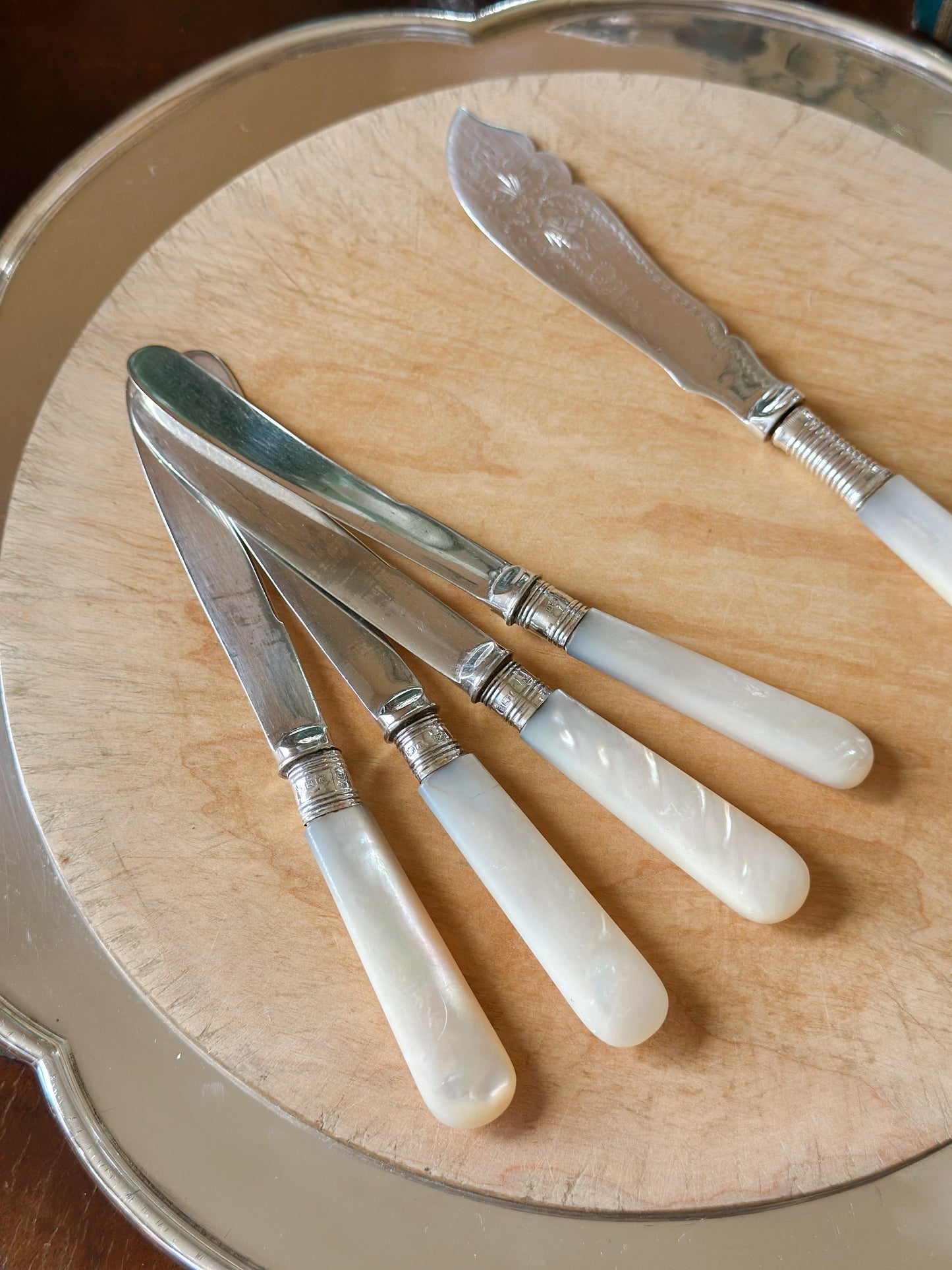 Antique Sterling and Mother of Pearl Handled Butter Knives (Set of 4)