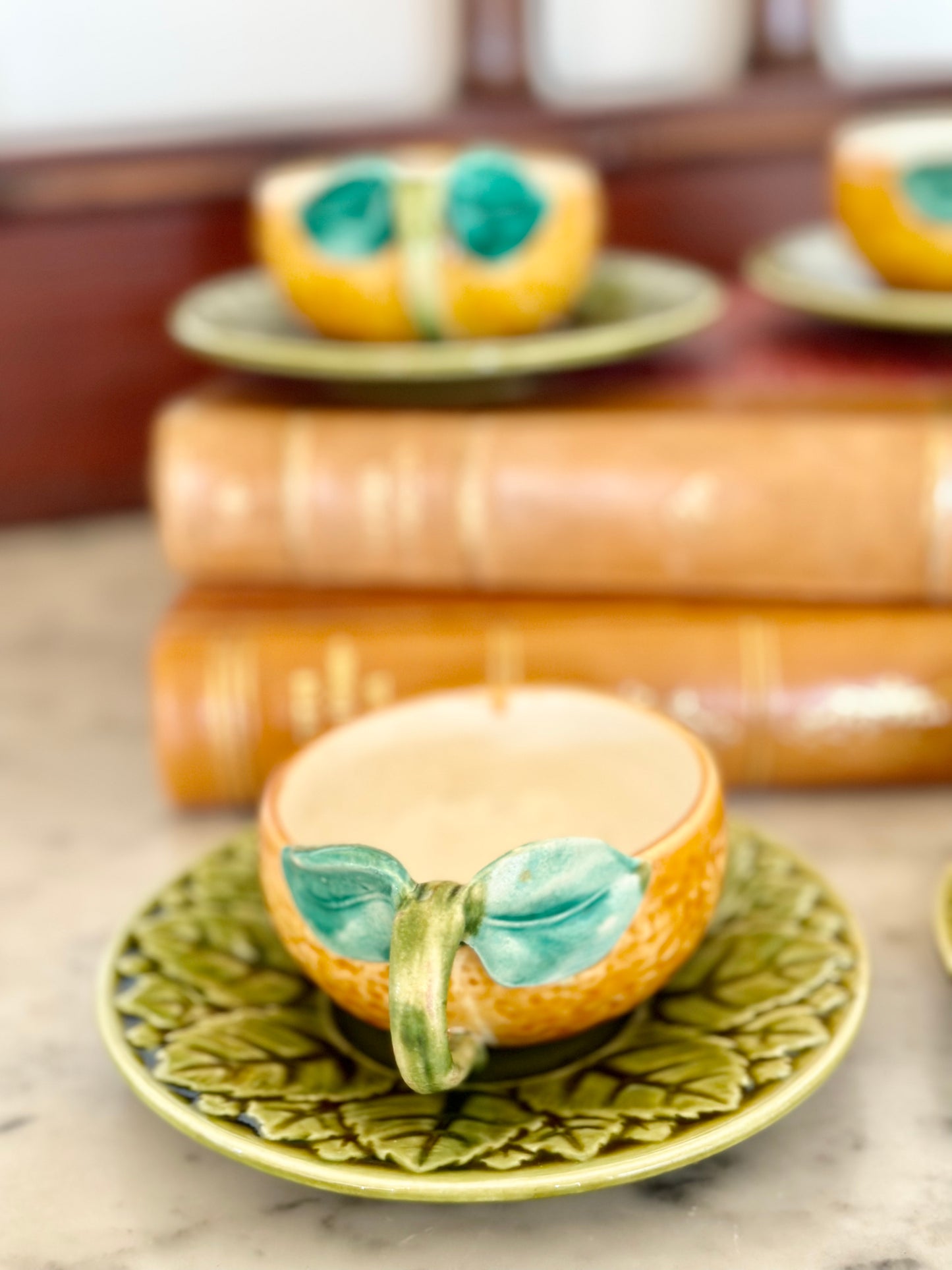 French Majolica Sarreguemines Orange Teacups and Saucers (Set of 4)