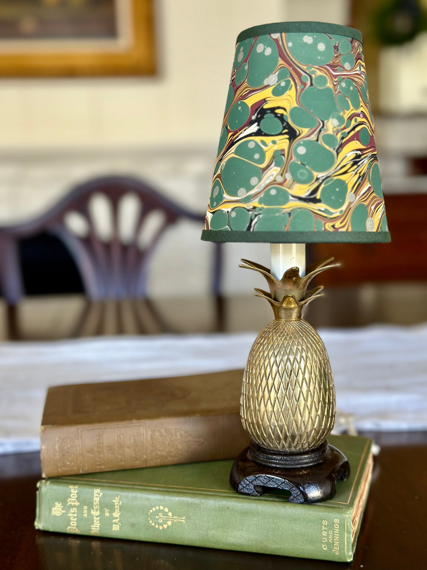 Small Brass Pineapple Lamp with Marbled Paper Shade