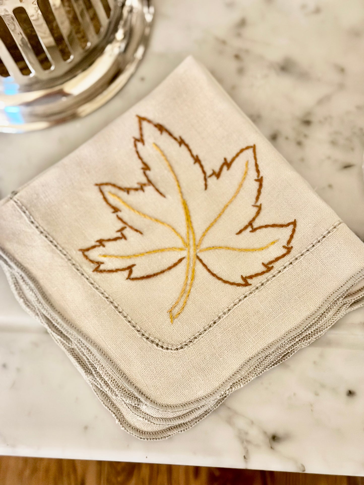 Hand Stitched Maple Leaf Linen Cocktail Napkins (Set of 4)