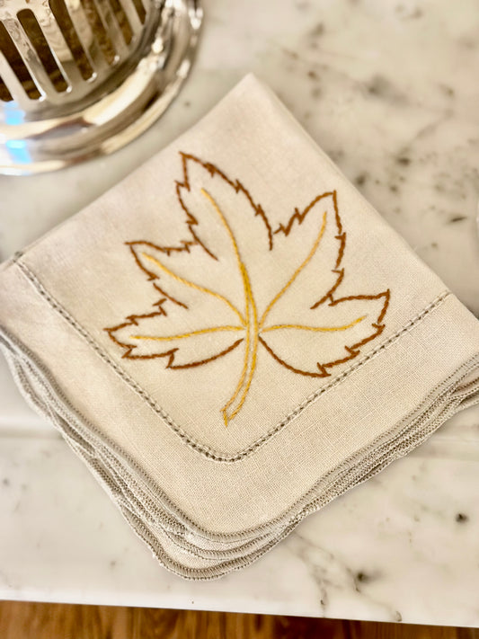 Hand Stitched Maple Leaf Linen Cocktail Napkins (Set of 4)