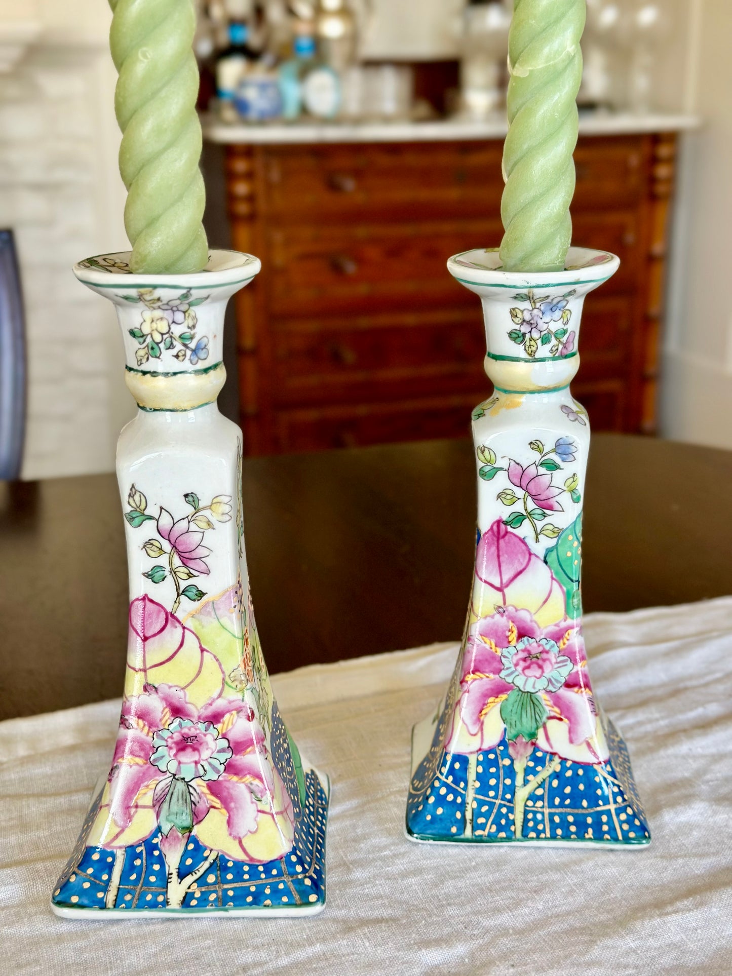 Vintage Tobacco Leaf Porcelain Candlesticks (Set of 2)