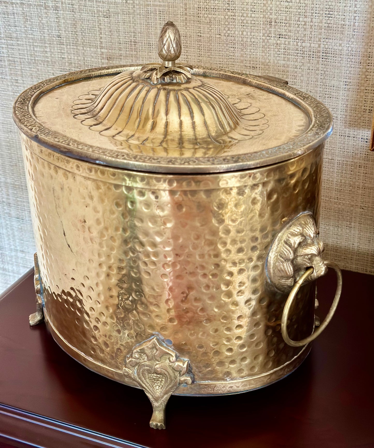 Hammered Brass Footed Bucket with Lion Heads