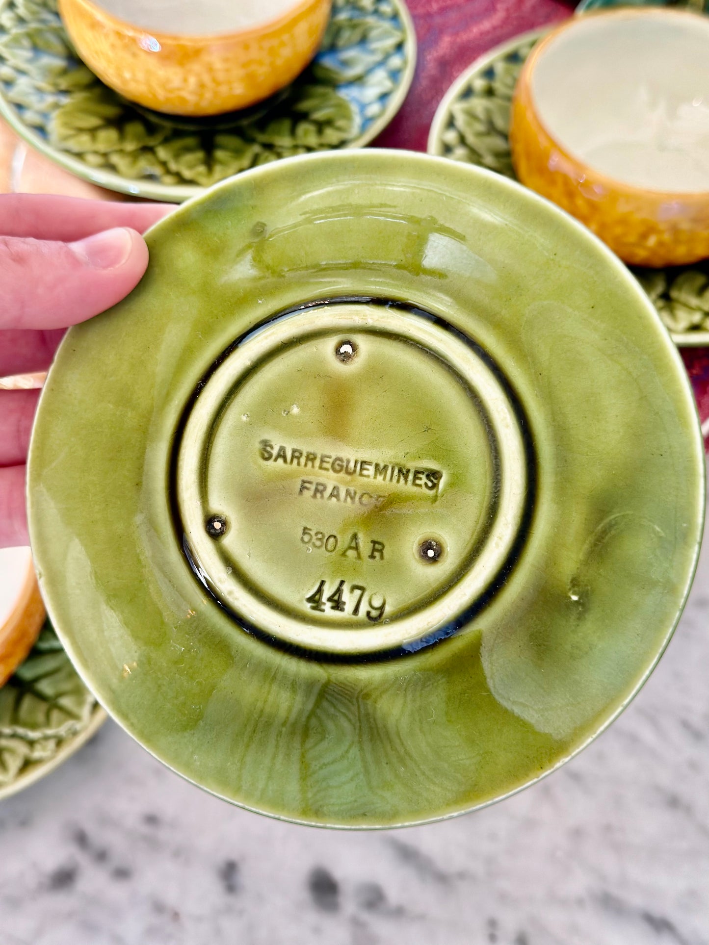 French Majolica Sarreguemines Orange Teacups and Saucers (Set of 4)