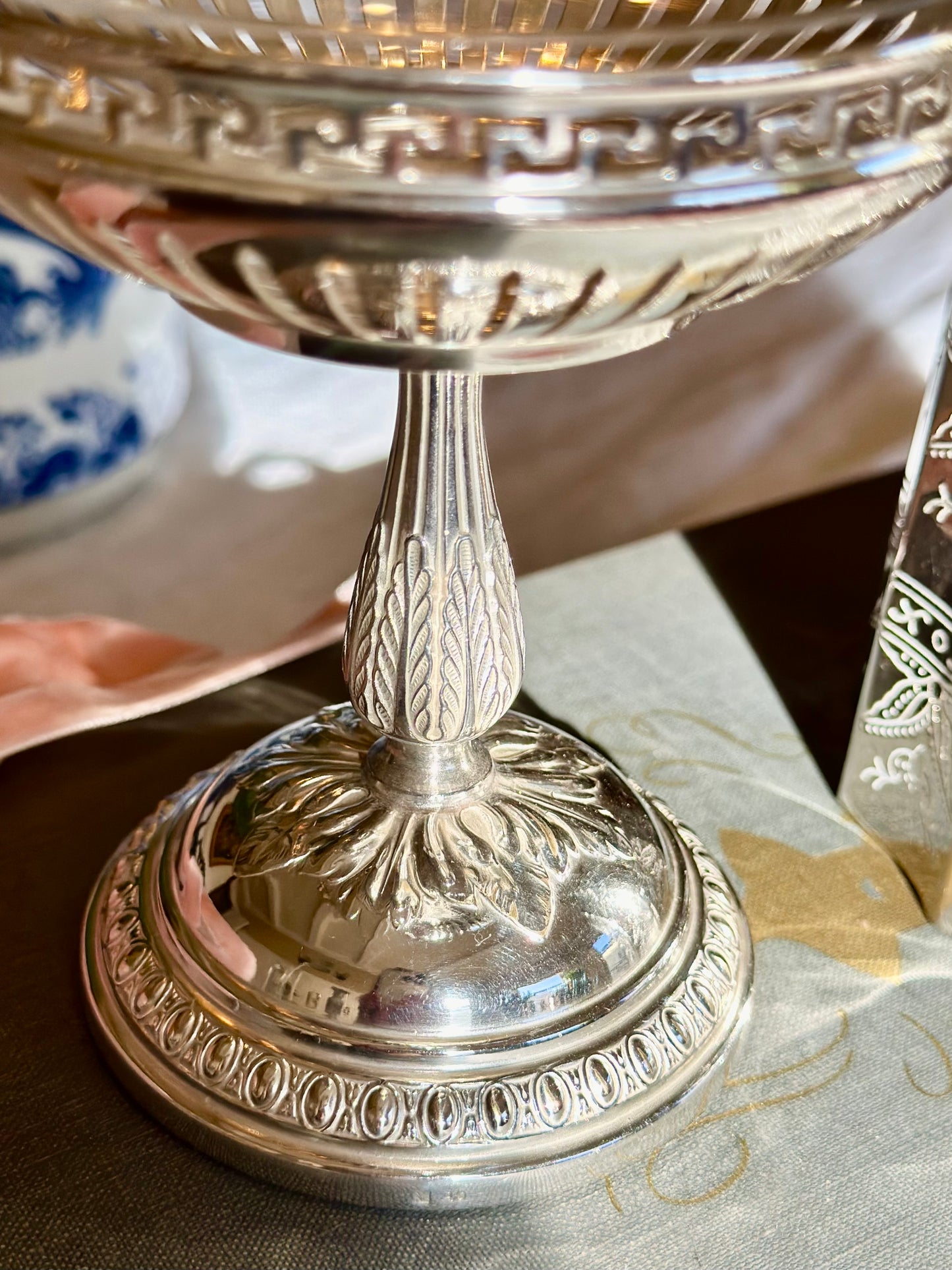 Silverplate Pedestal Compote with Reticulated Greek Key Rim