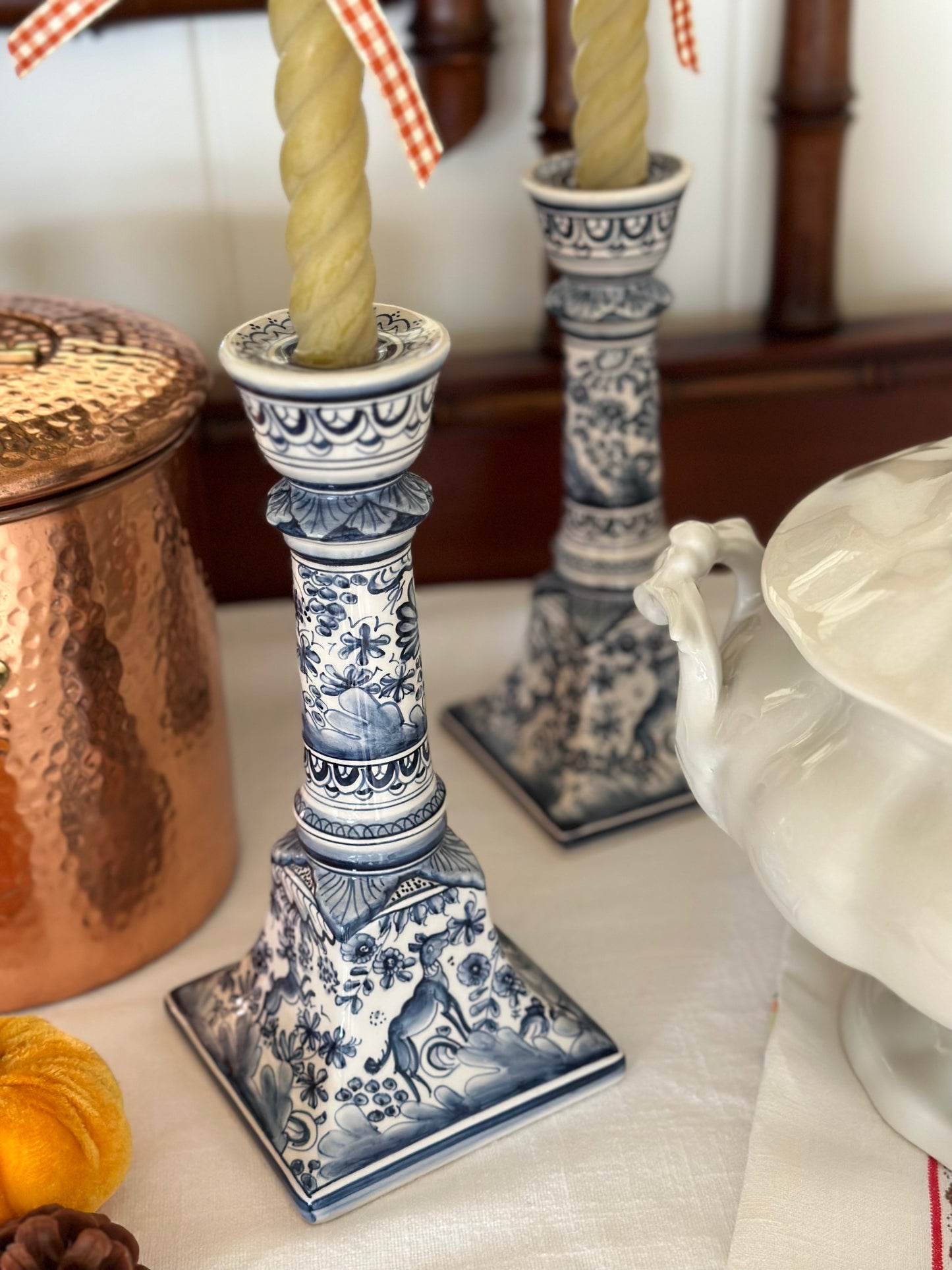 Portugese Hand-Painted Blue and White Candlesticks
