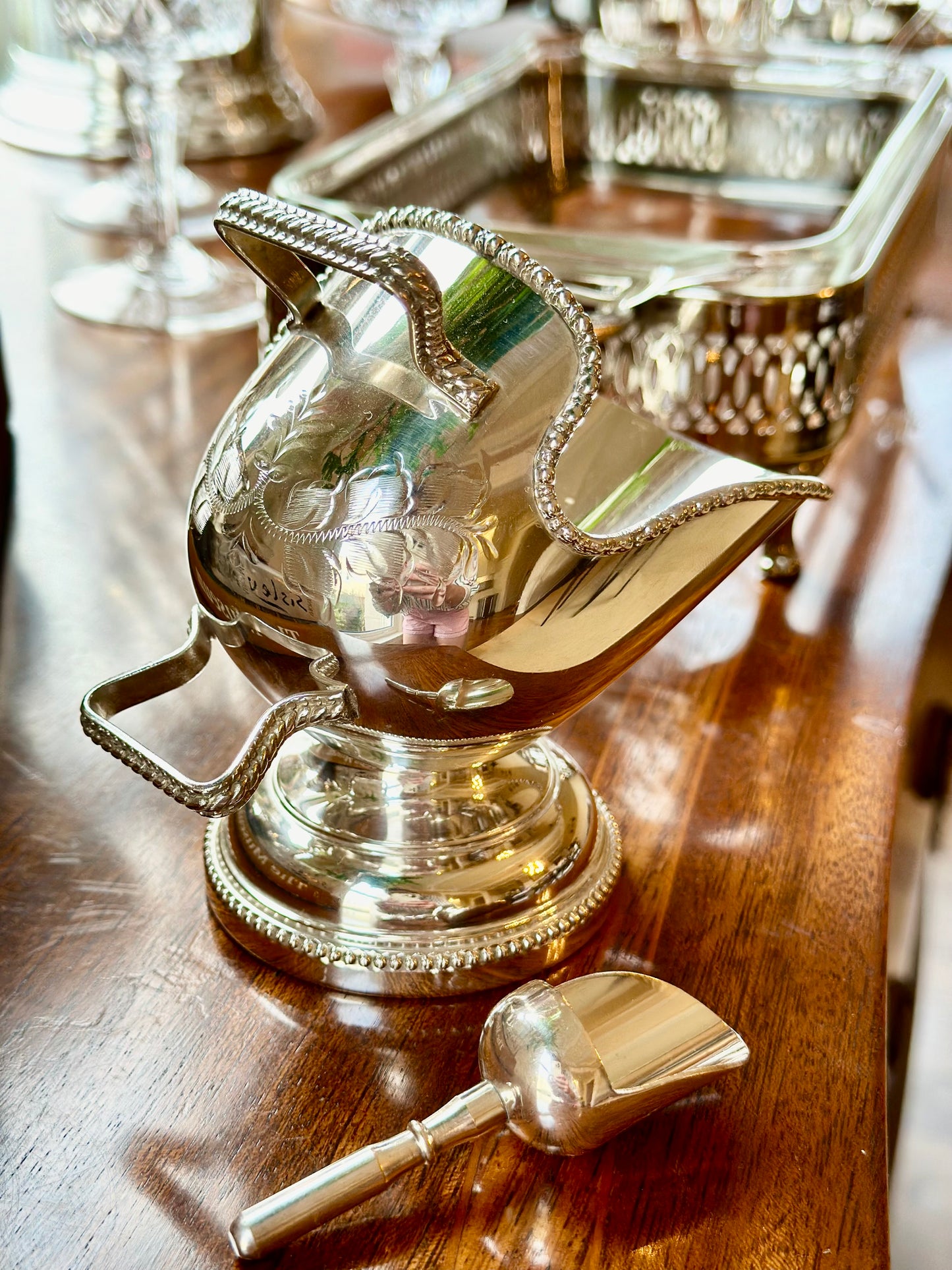 Etched Silverplate Sugar Scuttle