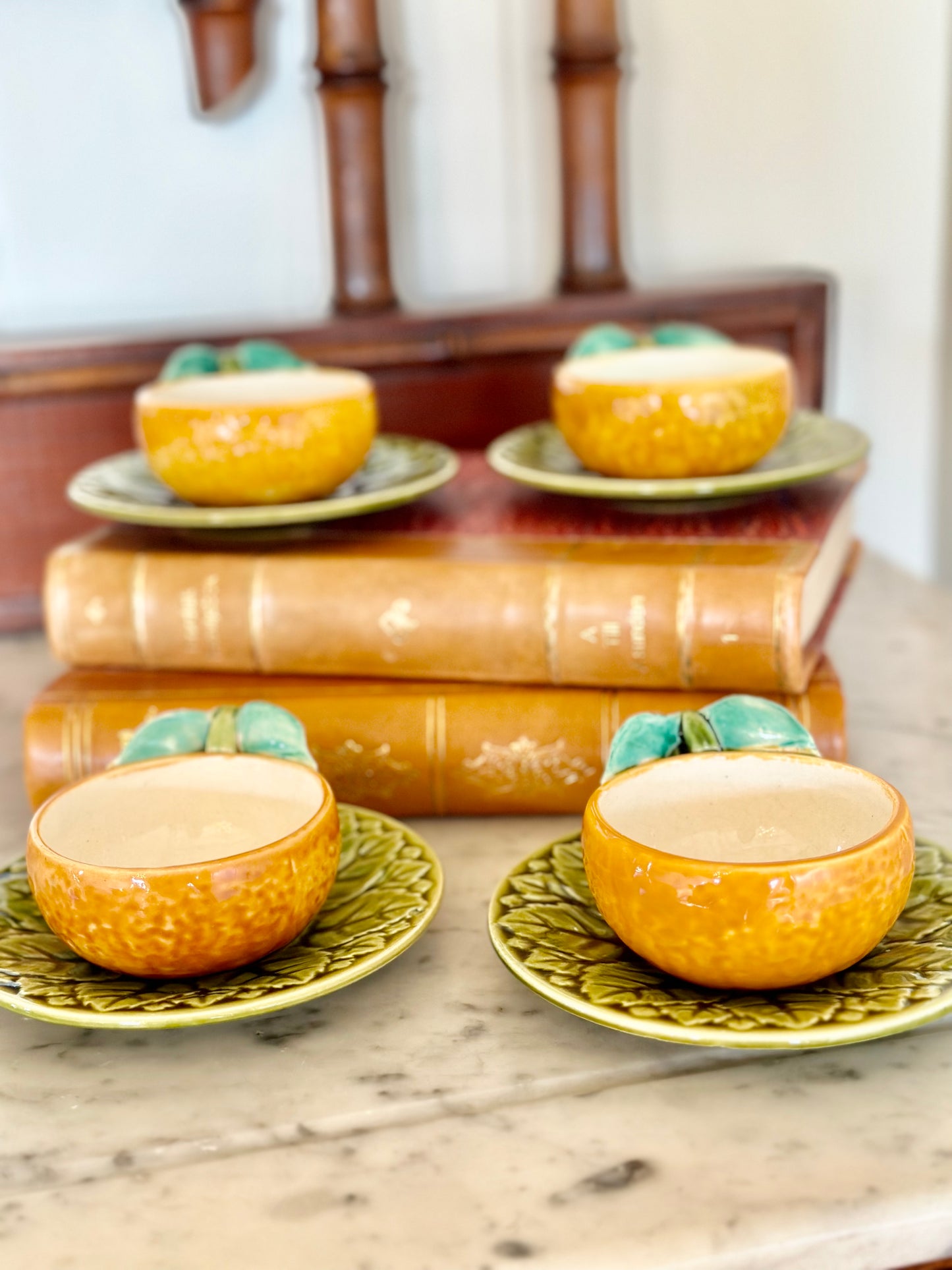 French Majolica Sarreguemines Orange Teacups and Saucers (Set of 4)