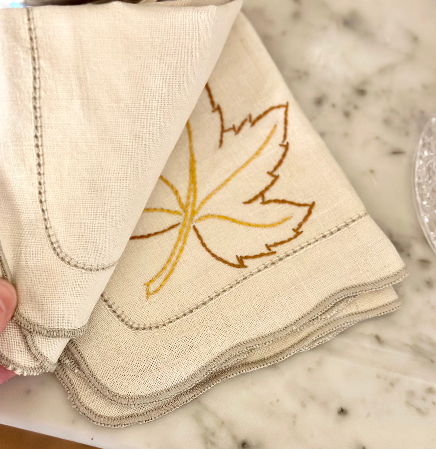 Hand Stitched Maple Leaf Linen Cocktail Napkins (Set of 4)