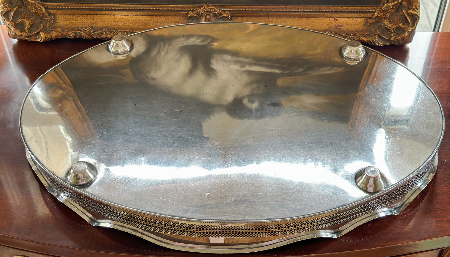 Large Oval Silverplate Gallery Tray with Scalloped Edge
